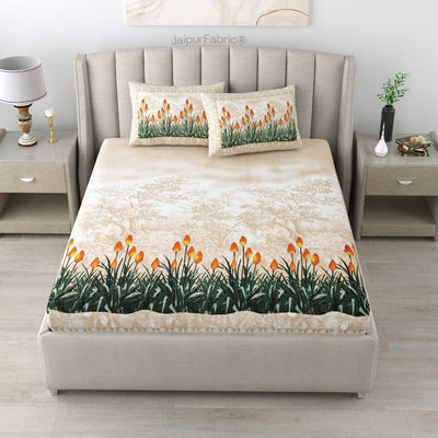 Blossom Sunset Beige Pure Cotton Double Bedsheet