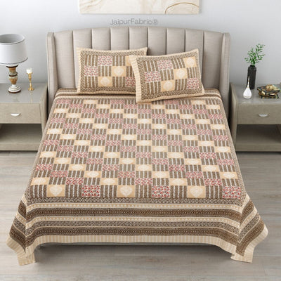 Classic Beige Striped Check Pure Cotton Double Bedsheet