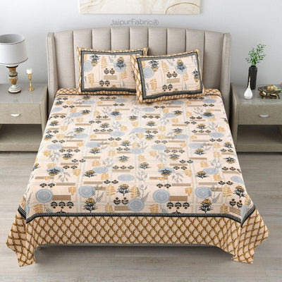 Soft Pastel Check Golden Beige Pure Cotton Double Bedsheet