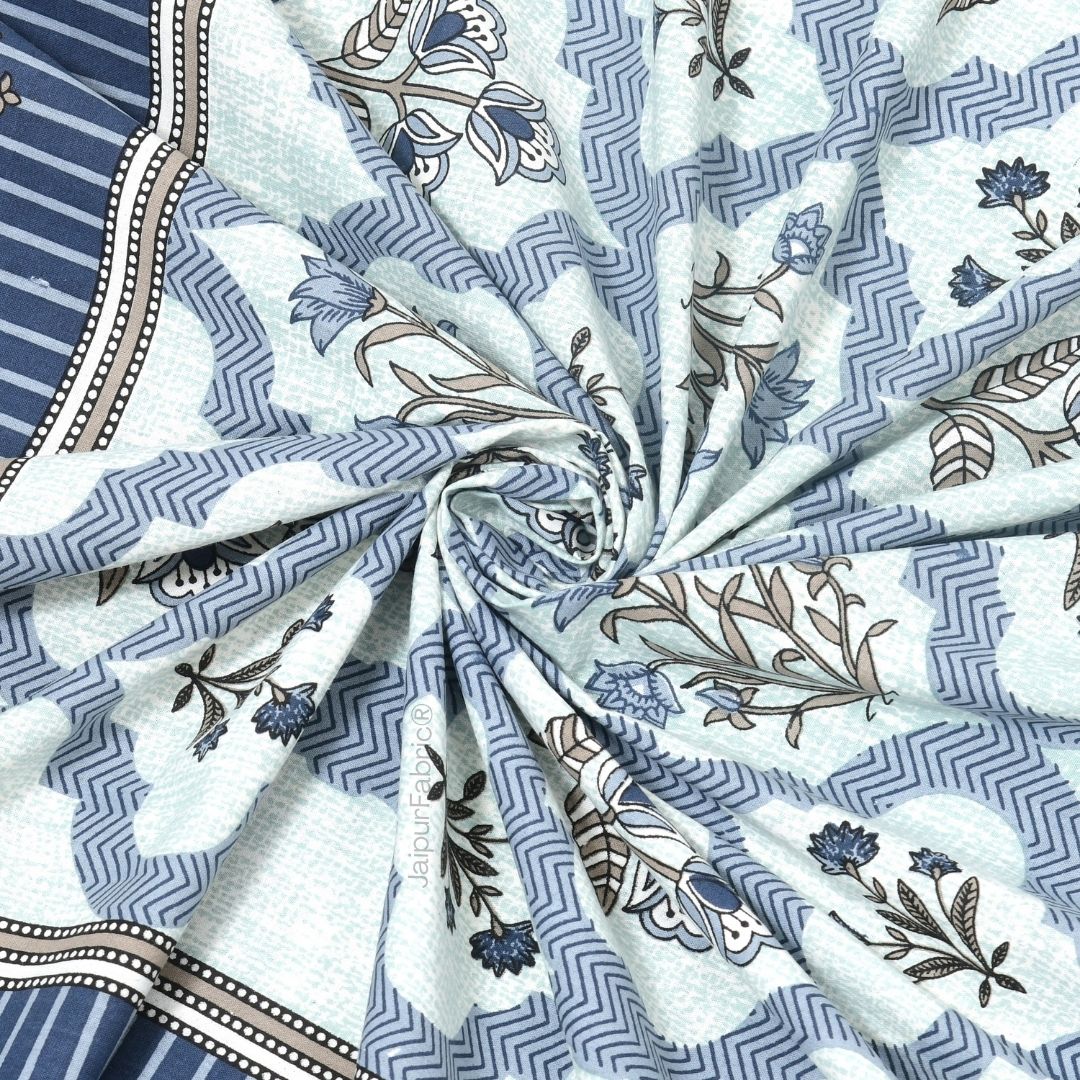 Timeless Elegant Blue Floral Block Print Pure Cotton Double Bedsheet