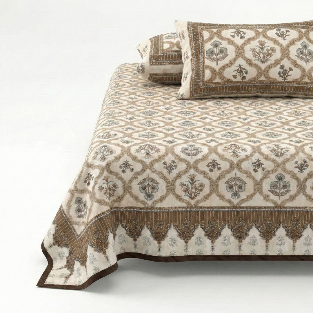 Timeless Biege and Brown Floral Block Print Pure Cotton Double Bedsheet