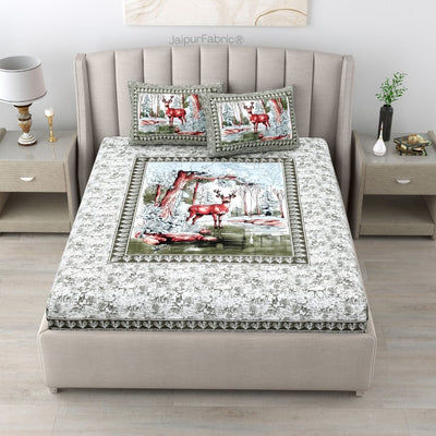 Wine Red Fawn of Fortune Pure Cotton Olive Green Forest Themed Double Bed Sheet
