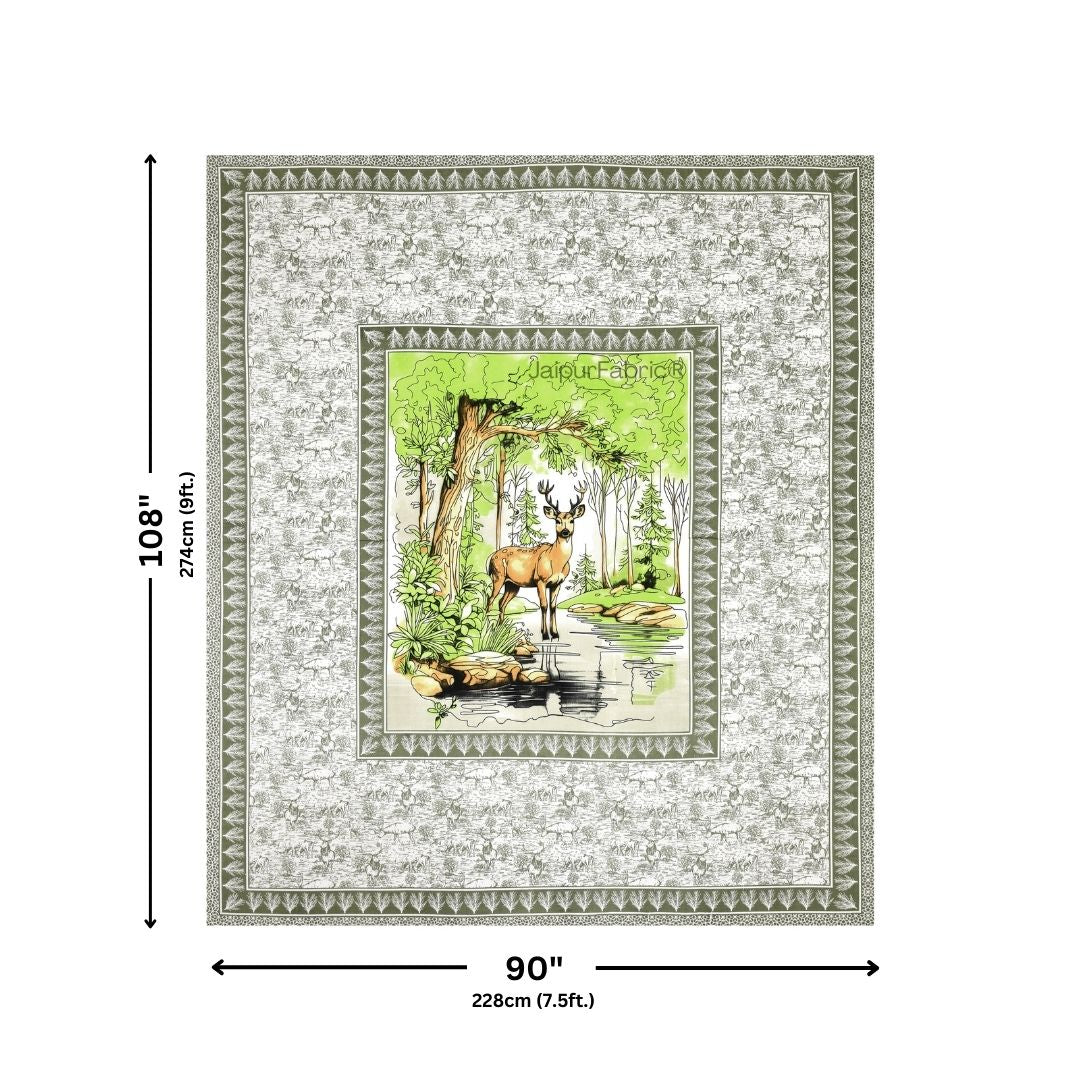 Saffron Fawn of Fortune Pure Cotton Lime Green Forest Themed Double Bed Sheet