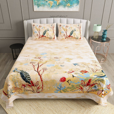 Mayur Mahal Peacock Sunehri Beige Bedsheet