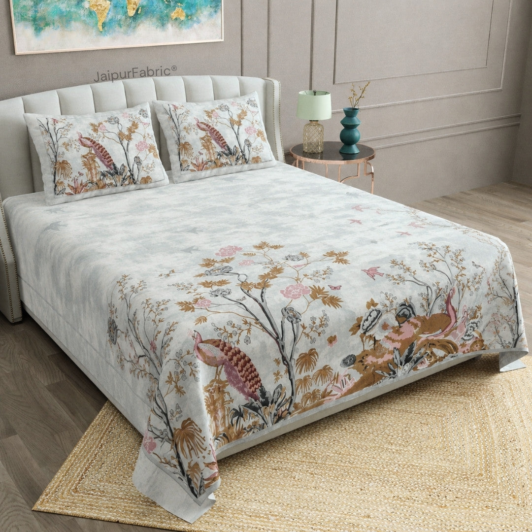 Mayur Mahal Peacock Pearl Grey Bedsheet