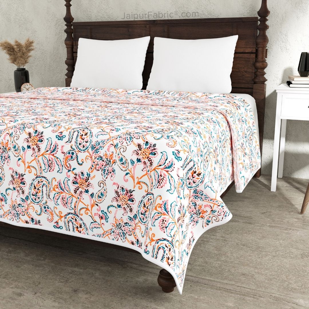 Pure Cotton Double Bed Dohar Anokhi Print – Gulmohar Vine Peach & Teal