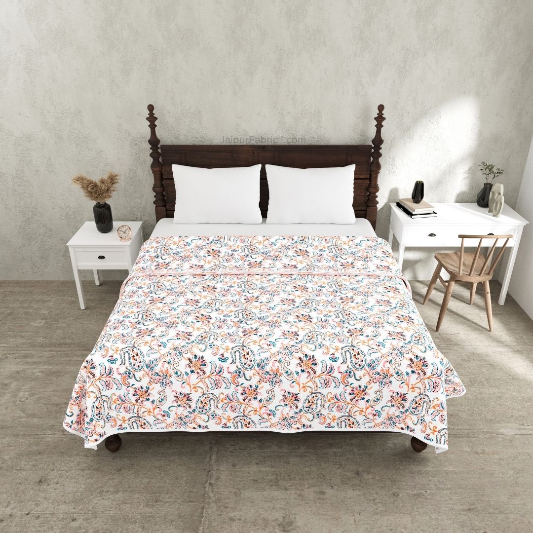 Pure Cotton Double Bed Dohar Anokhi Print – Gulmohar Vine Peach & Teal