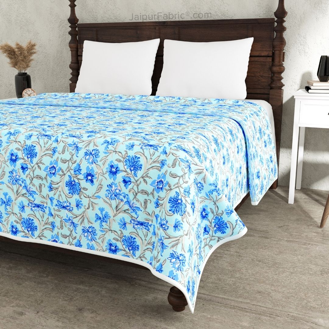 Botanica Sky Blue Combo of Pure Cotton Double Bedsheet and Double Bed Dohar