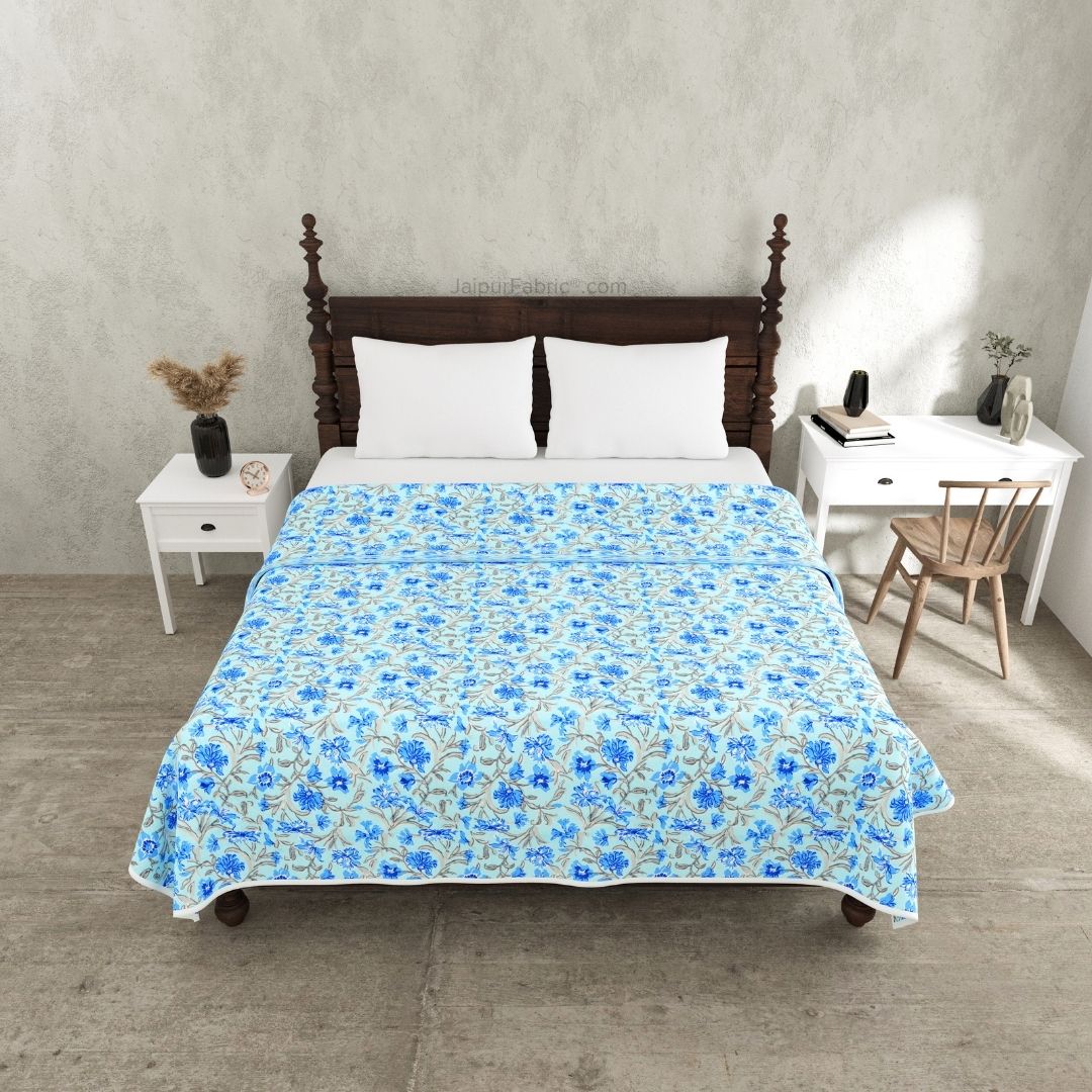 Botanica Sky Blue Combo of Pure Cotton Double Bedsheet and Double Bed Dohar