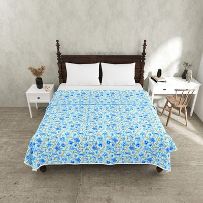 Botanica Sky Blue Combo of Pure Cotton Double Bedsheet and Double Bed Dohar