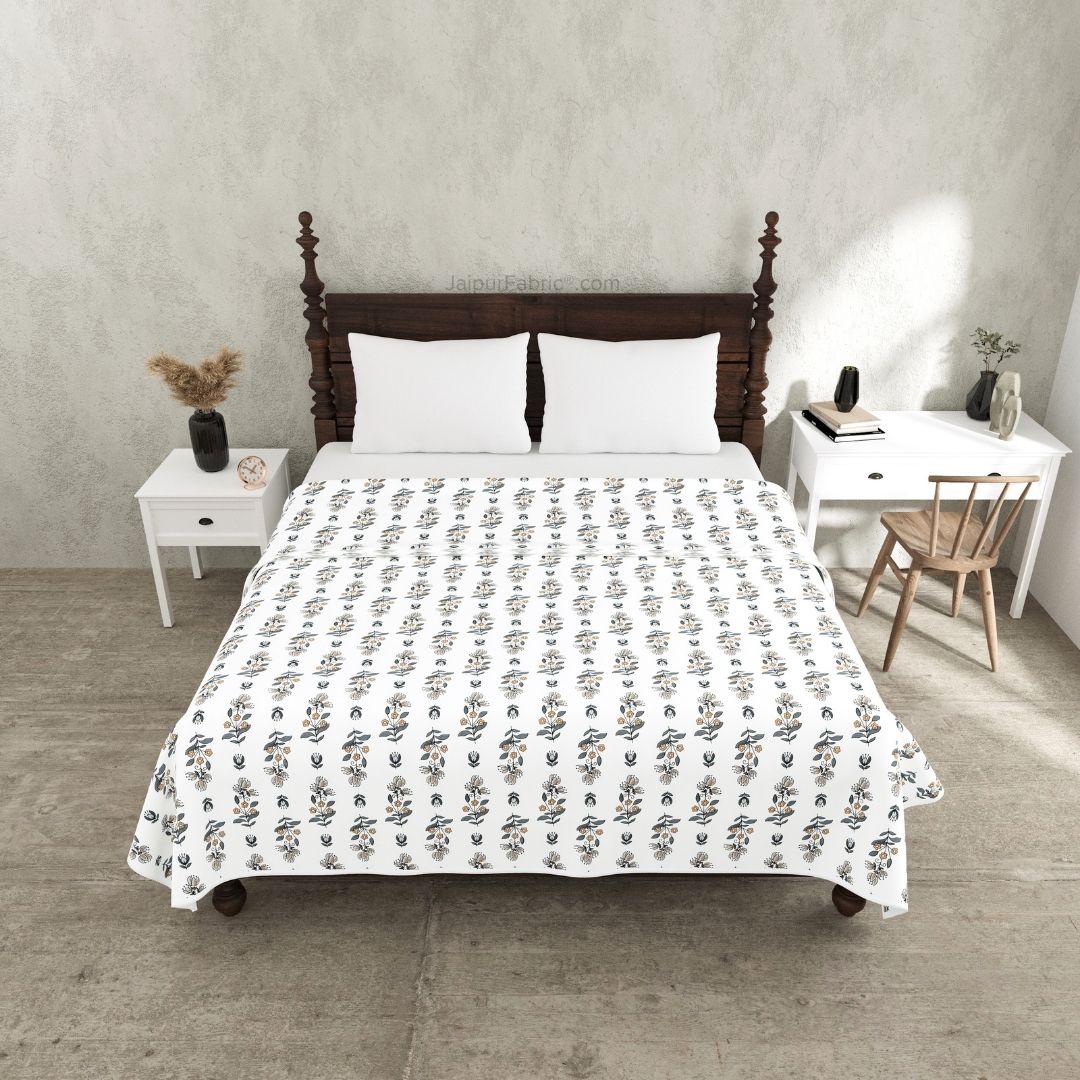 Lotus Vine Indigo White Combo of Pure Cotton Double Bedsheet and Double Bed Dohar