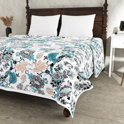Botanica Teal Grey Combo of Pure Cotton Double Bedsheet and Double Bed Dohar