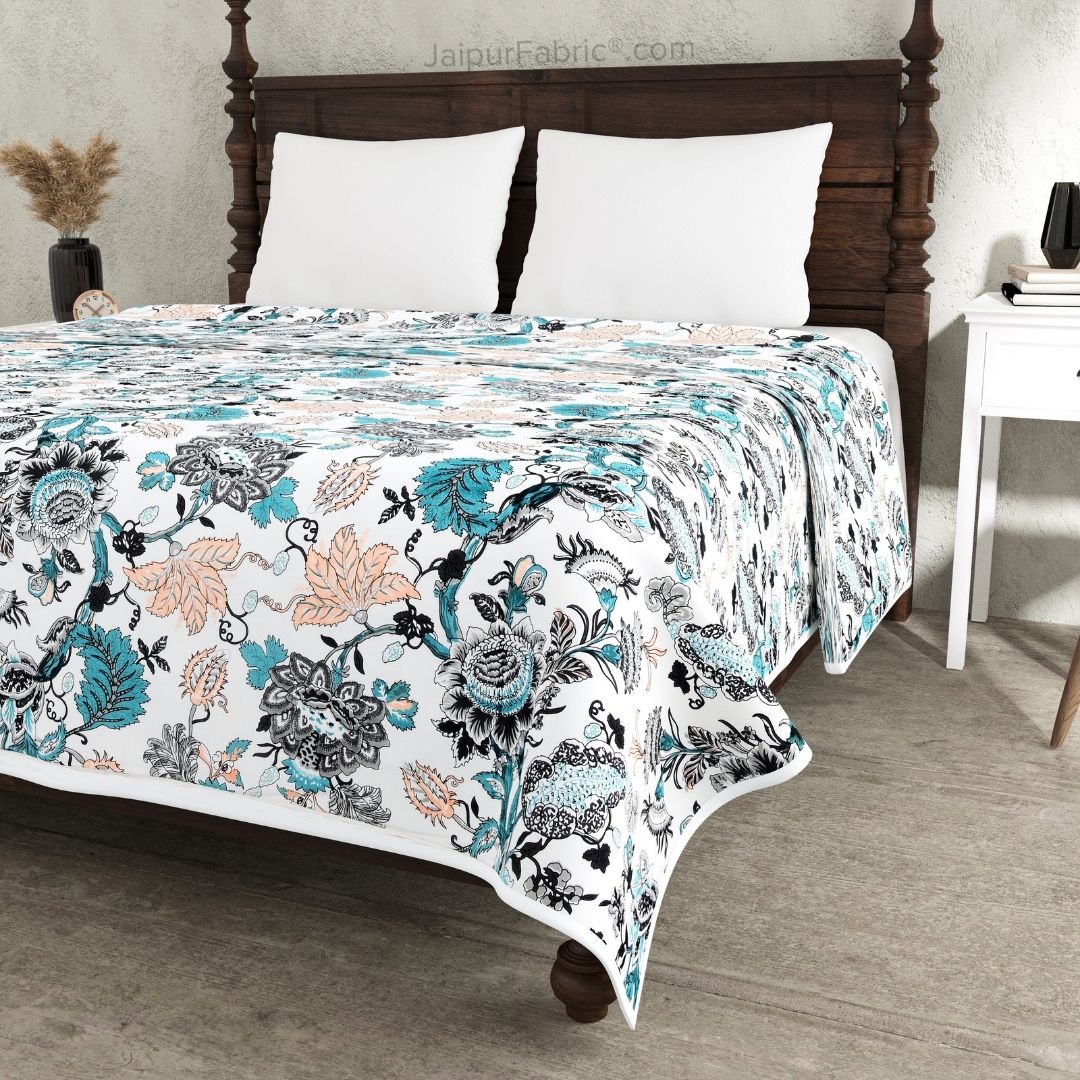 Pure Cotton Double Bed Dohar Anokhi Print – Mayura Floral Black & Teal