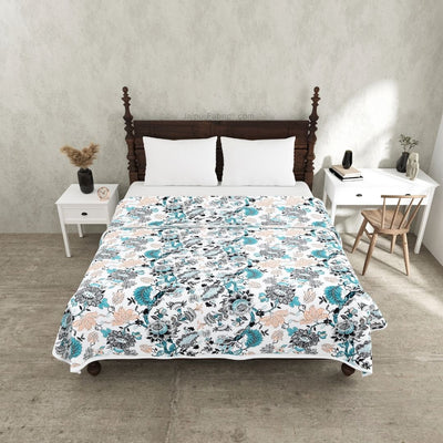 Botanica Teal Grey Combo of Pure Cotton Double Bedsheet and Double Bed Dohar