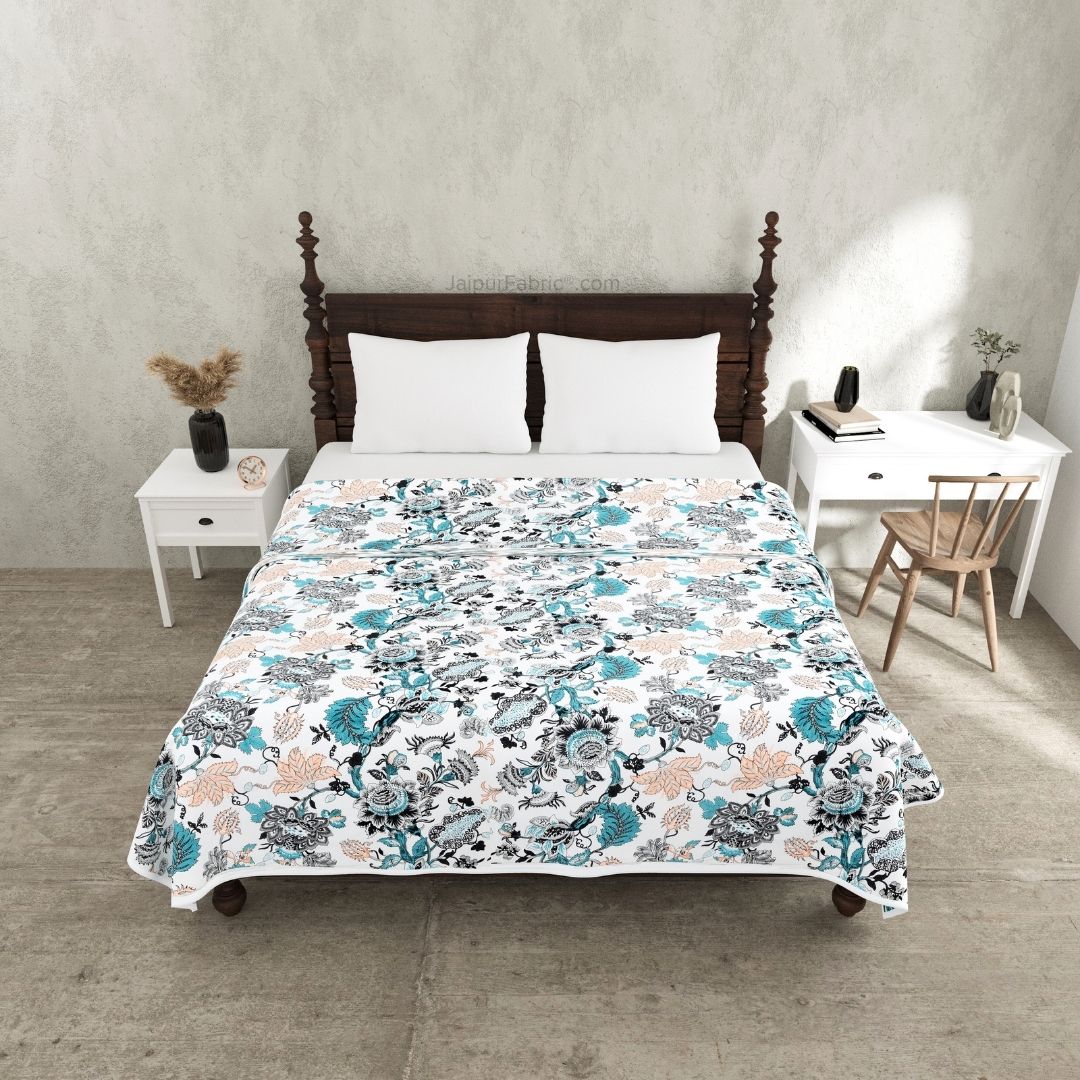 Pure Cotton Double Bed Dohar Anokhi Print – Mayura Floral Black & Teal