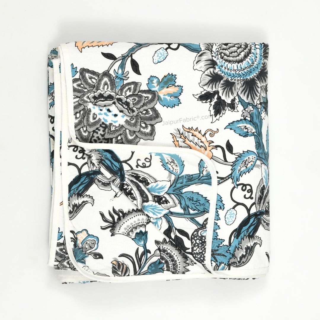 Pure Cotton Double Bed Dohar Anokhi Print – Mayura Floral Black & Teal