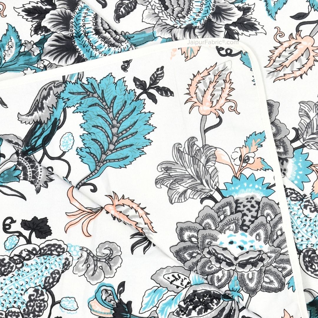 Pure Cotton Double Bed Dohar Anokhi Print – Mayura Floral Black & Teal