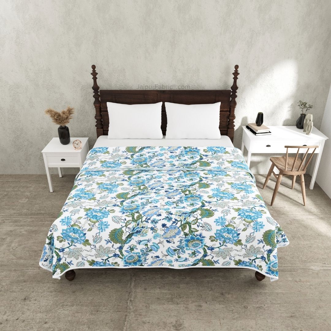 Pure Cotton Double Bed Dohar Anokhi Print – Mayura Floral Blue & Green