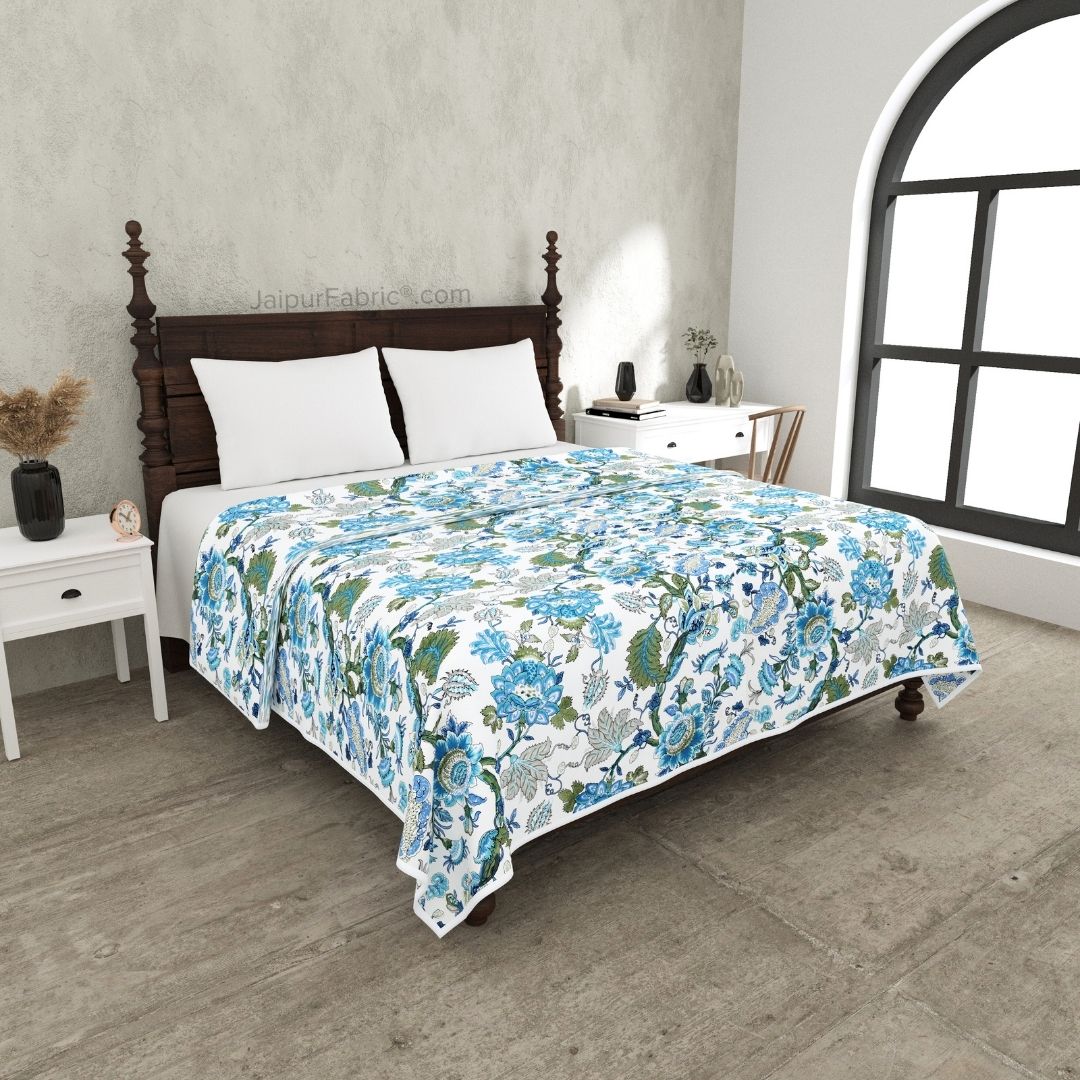 Botanica Blue Green Combo of Pure Cotton Double Bedsheet and Double Bed Dohar