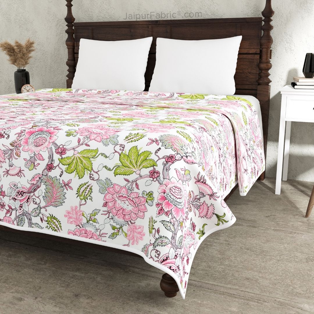 Pure Cotton Double Bed Dohar Anokhi Print – Mayura Floral Pink & Green