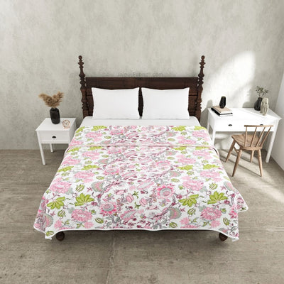 Pure Cotton Double Bed Dohar Anokhi Print – Mayura Floral Pink & Green