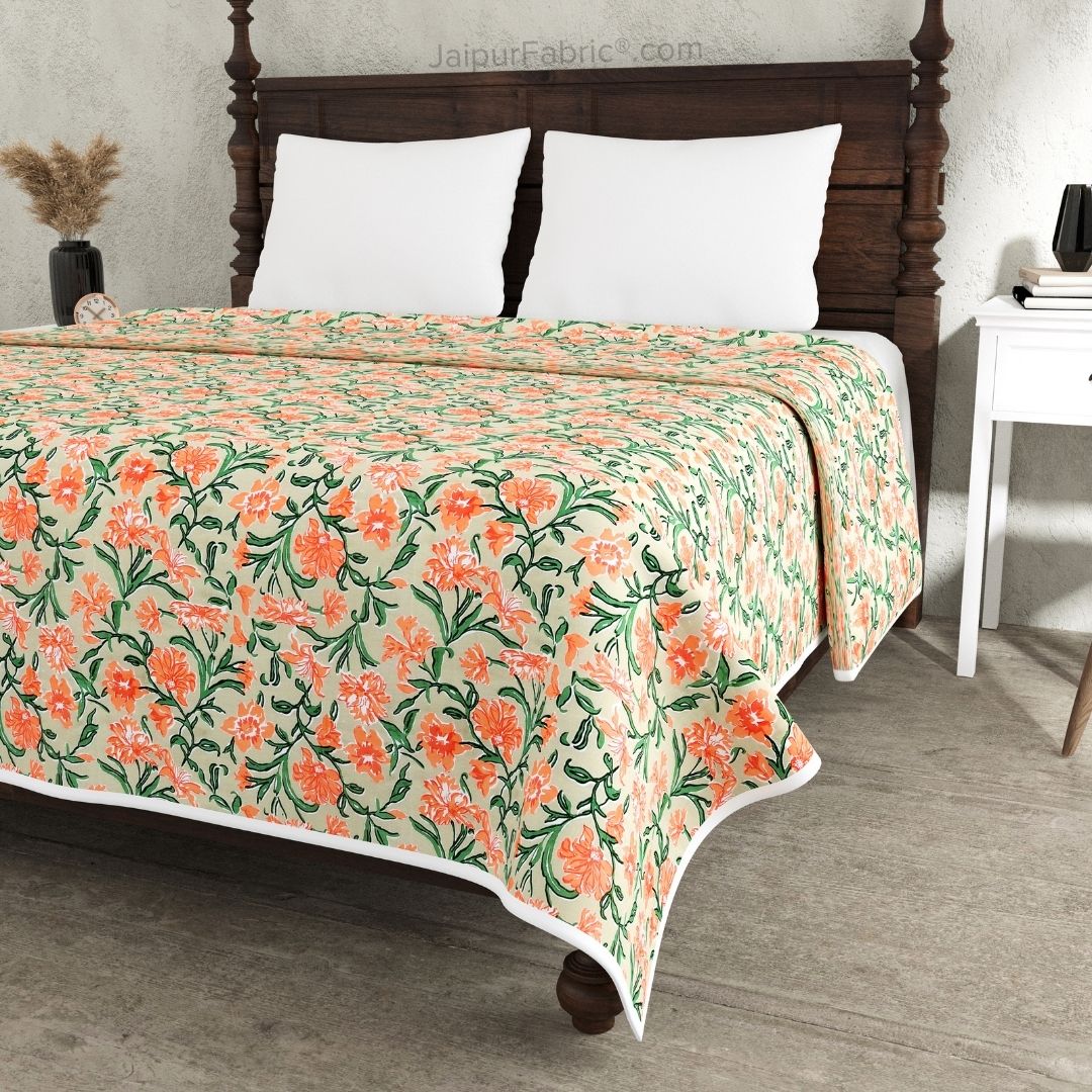 Pure Cotton Double Bed Dohar Anokhi Print – Kesariya Bloom Orange & Green