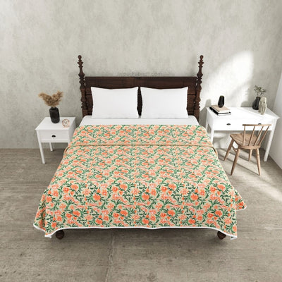 Bloom Coral Combo of Pure Cotton Double Bedsheet and Double Bed Dohar