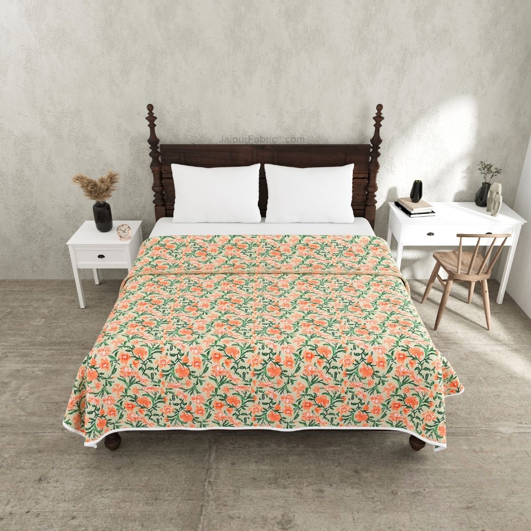 Pure Cotton Double Bed Dohar Anokhi Print – Kesariya Bloom Orange & Green