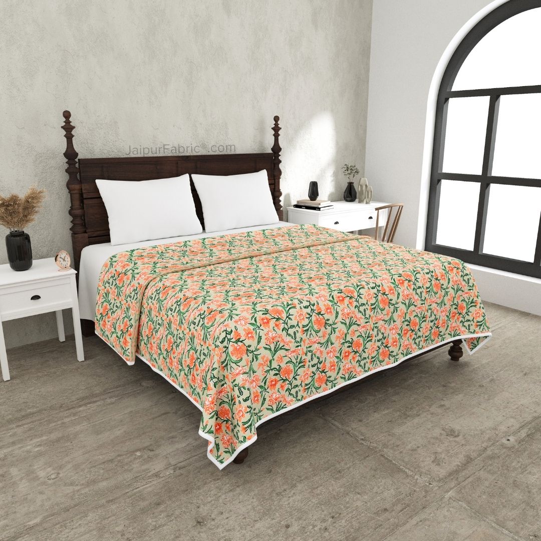 Bloom Coral Combo of Pure Cotton Double Bedsheet and Double Bed Dohar