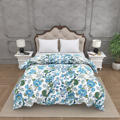 Classic Blue & White Floral with Lattice Border Double Bed Reversible Quilt Comforter