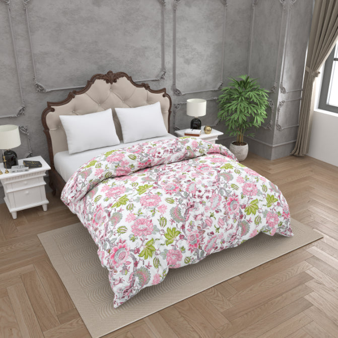 Vibrant Pink Floral Print with Geometric Border Double Bed Reversible Quilt Comforter