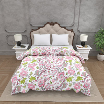 Vibrant Pink Floral Print with Geometric Border Double Bed Reversible Quilt Comforter
