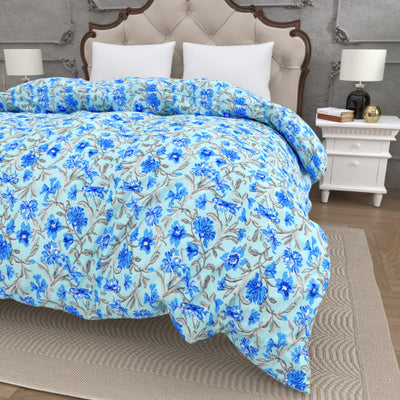 Oceanic Blue Floral Double Bed Reversible Quilt Comforter