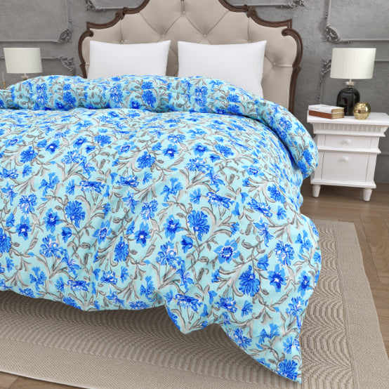 Oceanic Blue Floral Double Bed Reversible Quilt Comforter