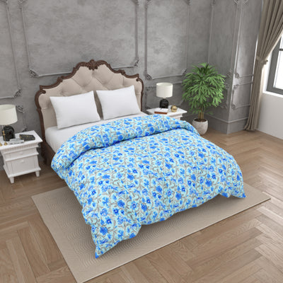 Oceanic Blue Floral Double Bed Reversible Quilt Comforter