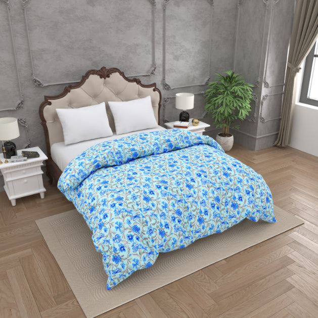 Oceanic Blue Floral Double Bed Reversible Quilt Comforter