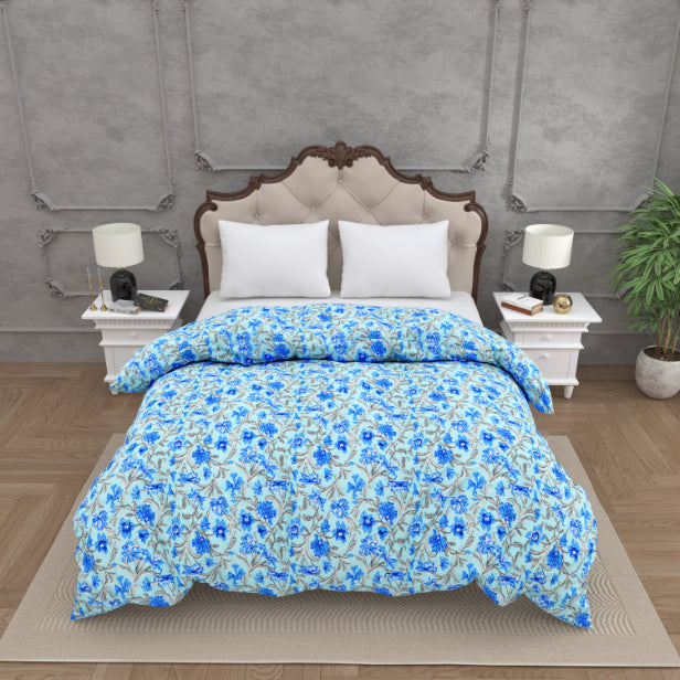 Oceanic Blue Floral Double Bed Reversible Quilt Comforter