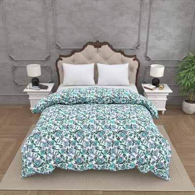 Cool Tone Purple & Teal Floral Print Double Bed Reversible Quilt Comforter