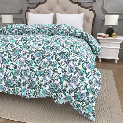 Cool Tone Purple & Teal Floral Print Double Bed Reversible Quilt Comforter