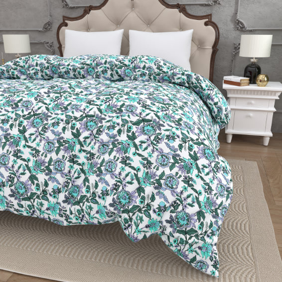 Cool Tone Purple & Teal Floral Print Double Bed Reversible Quilt Comforter