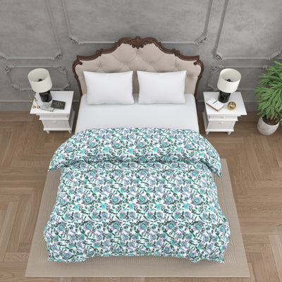 Cool Tone Purple & Teal Floral Print Double Bed Reversible Quilt Comforter