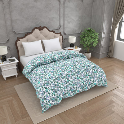 Cool Tone Purple & Teal Floral Print Double Bed Reversible Quilt Comforter