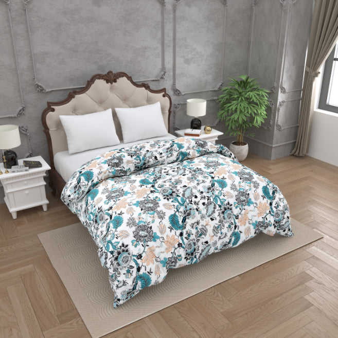 Gorgeous Grey Floral Print with Geometric Border Double Bed Reversible Quilt Comforter