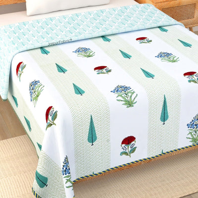 Tropical Myst Block Print 400 TC Pure Premium MulMul Cotton Single Bed Dohar