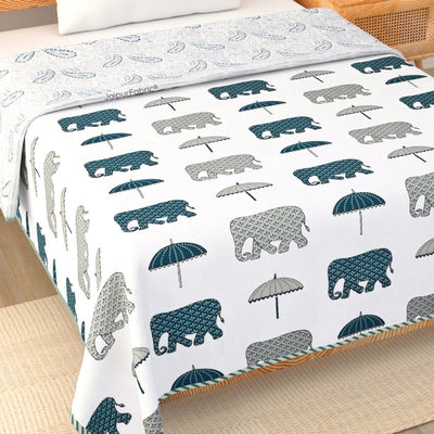Artistic Green Block Print 400 TC Pure Premium MulMul Cotton Single Bed Dohar