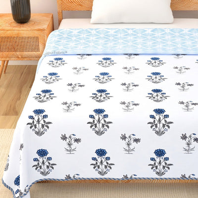 Elegance Azure Block Print 400 TC Pure Premium MulMul Cotton Single Bed Dohar