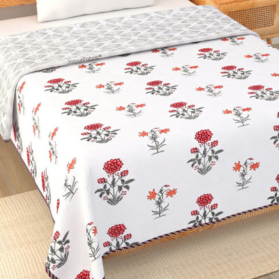 Elegance Cherry Block Print 400 TC Pure Premium MulMul Cotton Single Bed Dohar