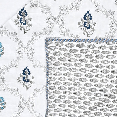 Soothing Calm Blue Block Print 400 TC Pure Premium MulMul Cotton Single Bed Dohar