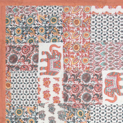Reversible Patchwork Elephant Print Peach with Intricate Floral Design Double Sided Quilt Rajai