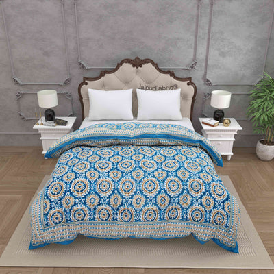 Peacock Elegance Reversible Vibrant Blue & Beige Motifs Double Bed Quilt Rajai